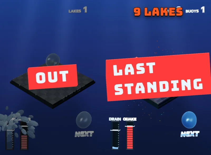 A split-screen match: the left board marked OUT, the right LAST STANDING