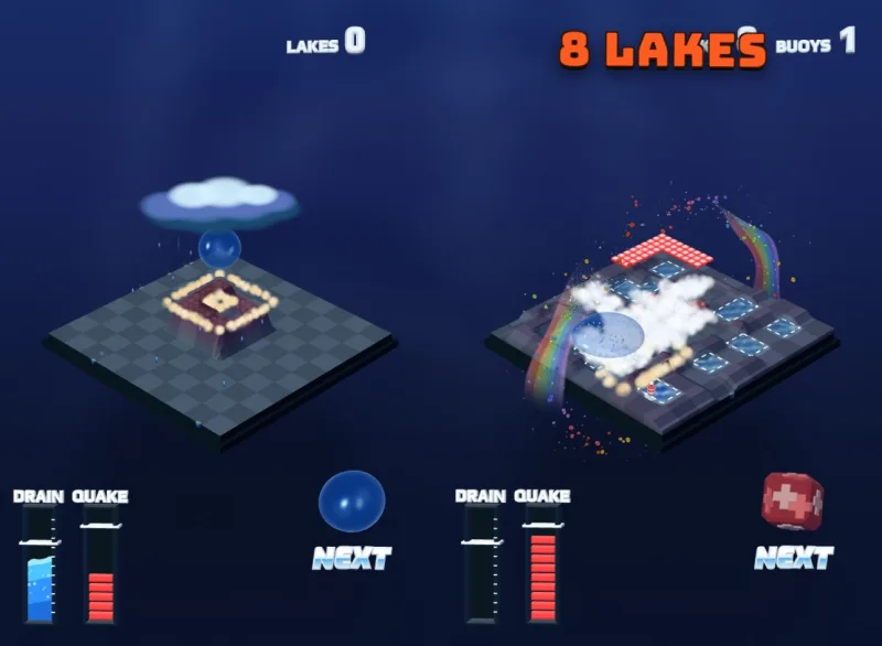 Two boards under the sea: the right one bursts into steam and rainbows while a rain cloud hangs over the left