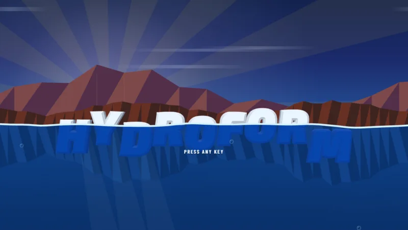 The letters of HYDROFORM bobbing in the sea below red cliffs under a sunset sky