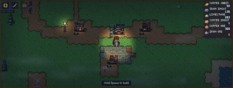 Eine von Laternen erhellte Pixelwelt mit Maschinen entlang eines Feldwegs